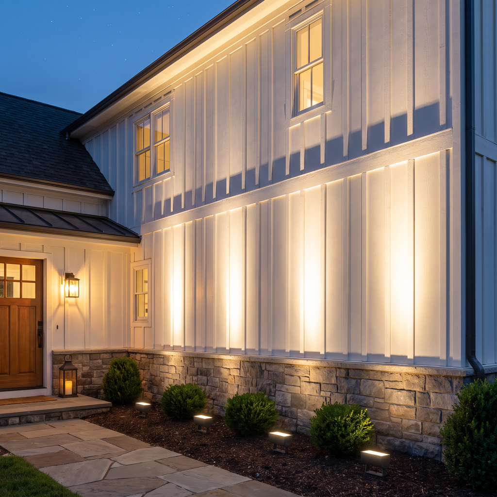 Row of warm white LED wall washer flood lights grazing a farmhouse facade