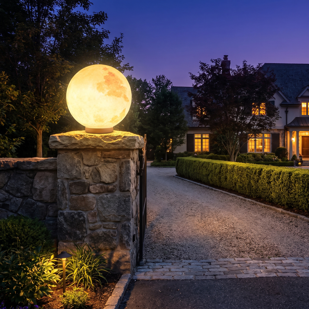 12 inch solar moon sphere post light glowing on a stone gate pillar at dusk