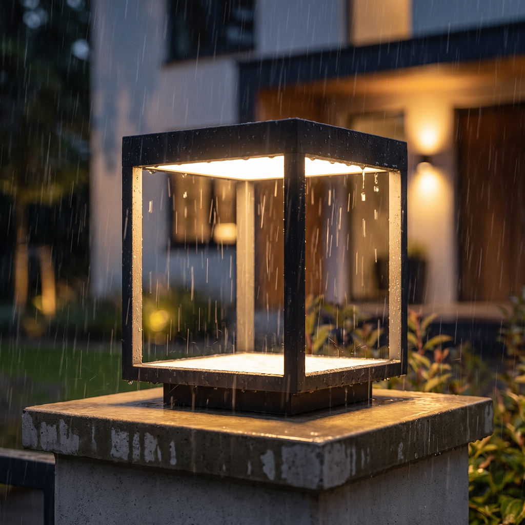 Open frame pillar light in the rain, water beading on the steel frame