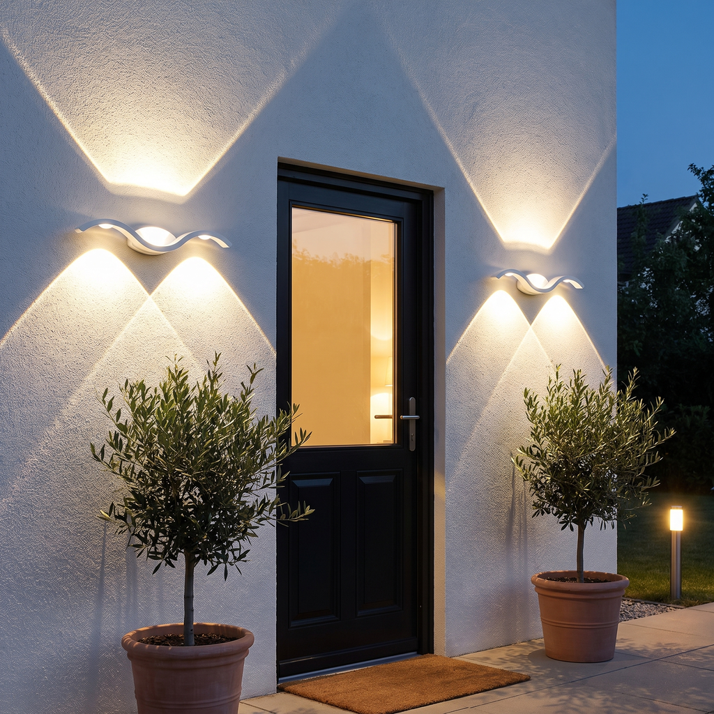 Set of 2 white up down LED wall sconces flanking a front door at dusk