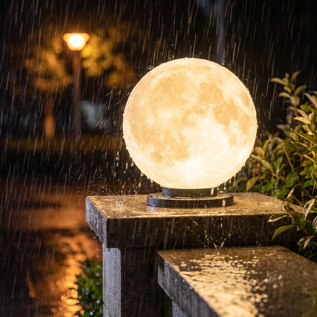 Solar moon pillar light glowing in heavy rain, IP65 waterproof