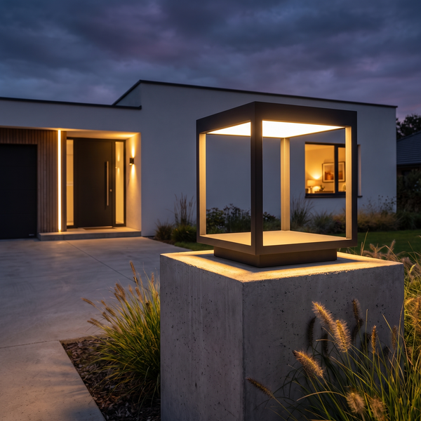 Modern open frame square pillar lantern glowing on a concrete gate post