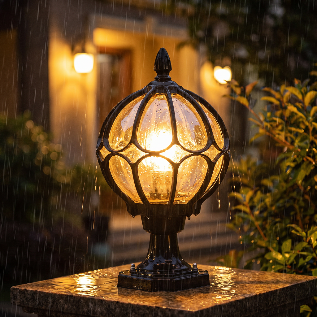Glass globe post lantern in the rain with raindrops on the amber glass