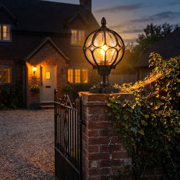 Retro glass globe pillar lantern glowing on a brick gatepost at dusk