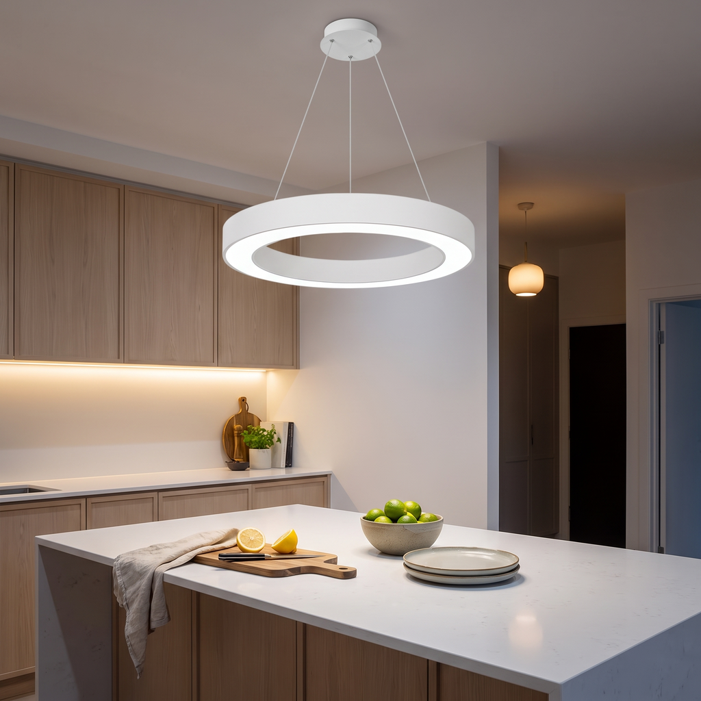 White LED ring pendant light glowing over a kitchen island, 19.7 inch circle