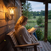 Woman reading on a porch swing lit by the vintage glass sconce