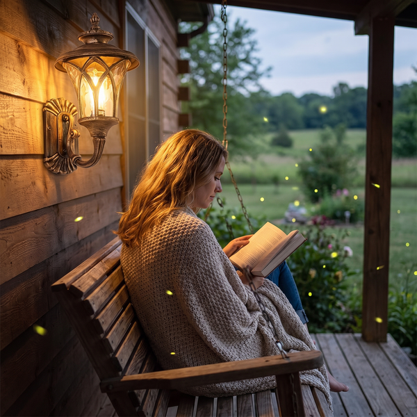 Woman reading on a porch swing lit by the vintage glass sconce