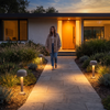 Three mushroom pathway lights lining a front walkway at dusk