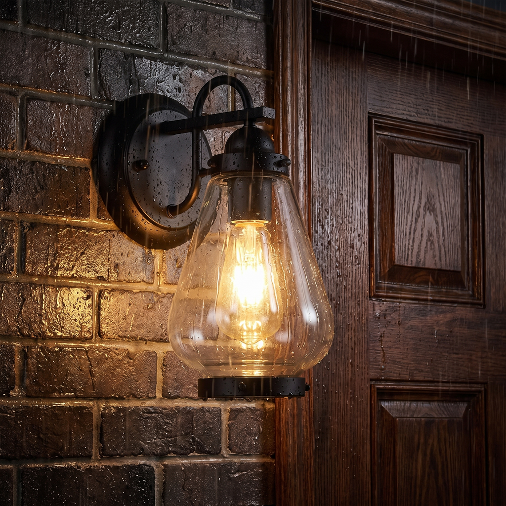 Vintage clear glass wall lantern glowing beside a front door in the rain