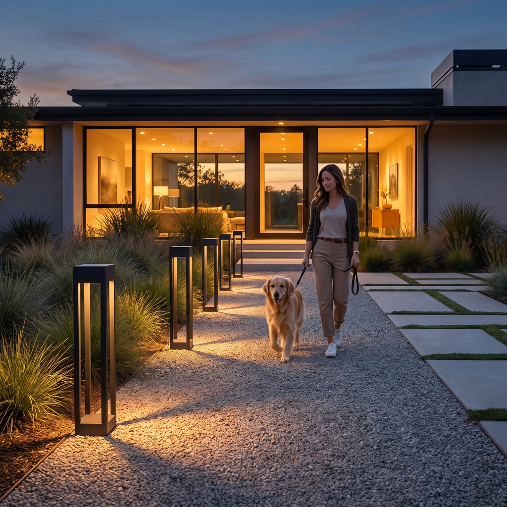 Row of modern black pathway lights on a gravel path at dusk
