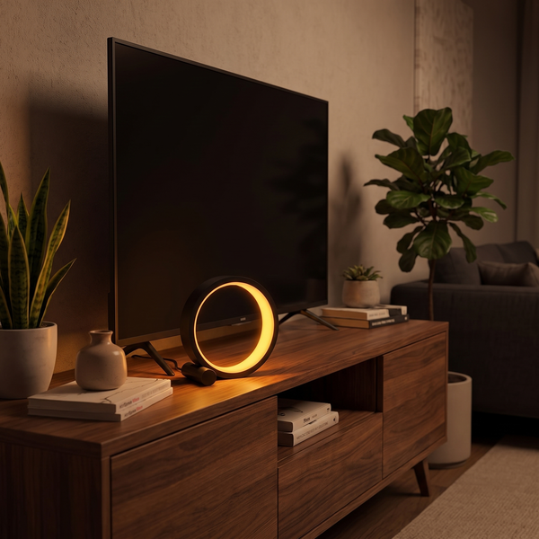 Smart RGB ring lamp glowing warm amber on a walnut media console