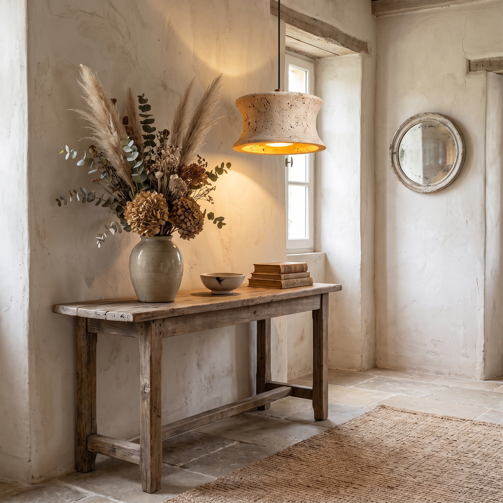 Travertine drum pendant light glowing in a French wabi-sabi entryway