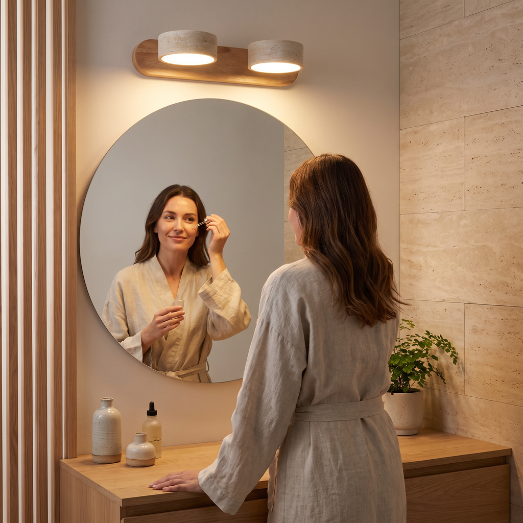 Woman doing her evening skincare routine under the travertine vanity light