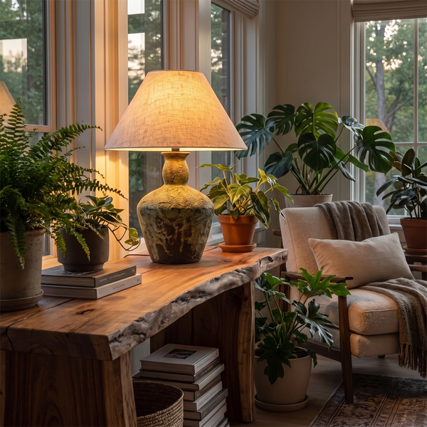 Moss ceramic table lamp glowing on a live-edge wood console among plants