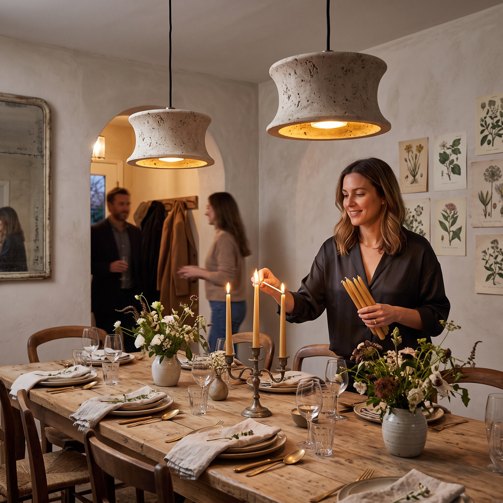 Dinner table lit by two travertine drum pendants as candles are lit