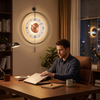 Home office at night with the LED wall clock glowing behind the desk