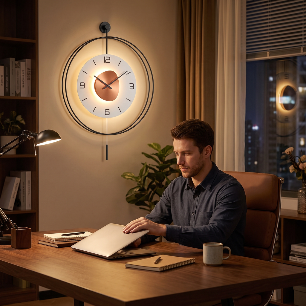 Home office at night with the LED wall clock glowing behind the desk