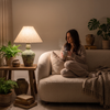 Woman with tea on a boucle sofa beside the moss ceramic lamp at night