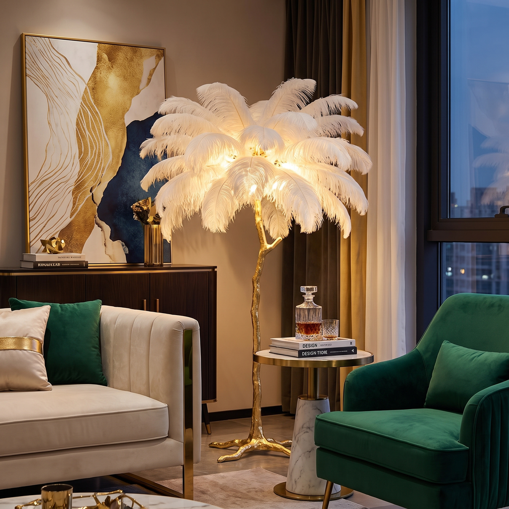 White feather palm floor lamp with gold branch base in a luxe living room