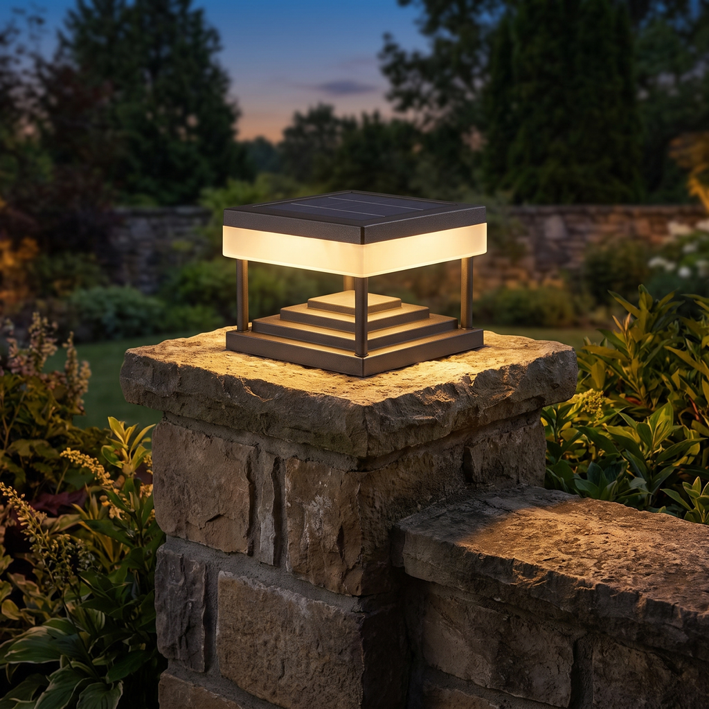 Type A solar post cap light 9.8 in crowning a stone pillar