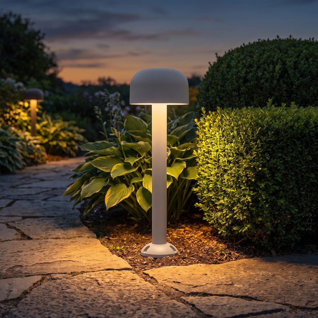 Snow gray mushroom pathway light 22.2 in on a stone garden path