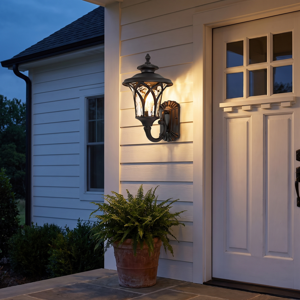 Black vintage lantern wall sconce at true scale beside a farmhouse door