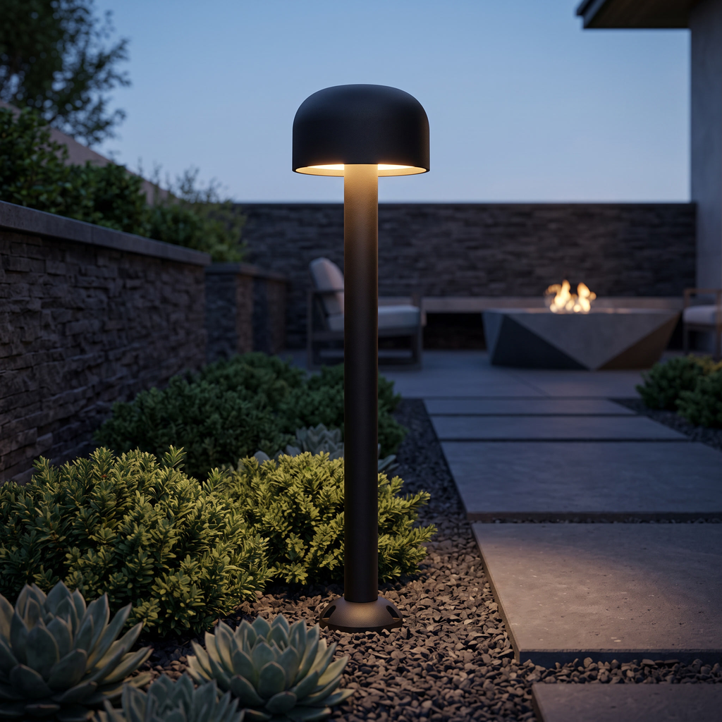 Sand black mushroom pathway light 30.1 in in a modern courtyard
