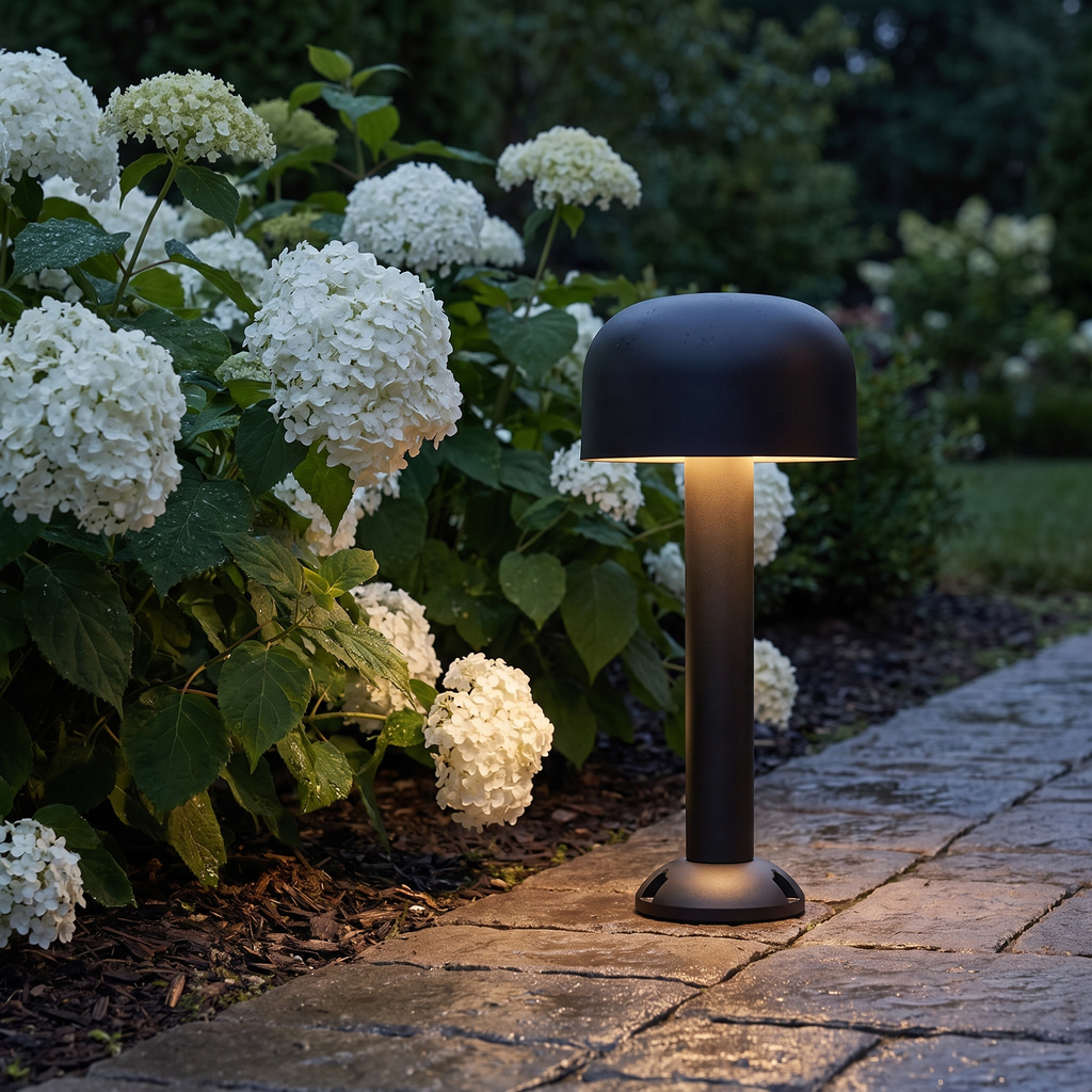 Sand black mushroom pathway light 14.4 in beside white hydrangeas