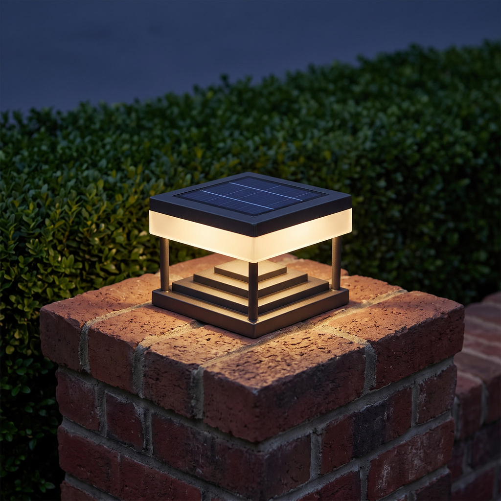 Type A solar post cap light 5.9 in on a brick gate pillar at dusk