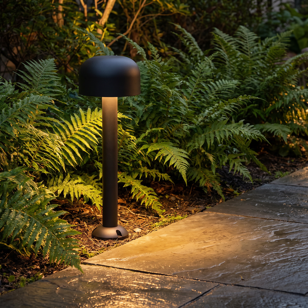 Sand black mushroom pathway light 22.2 in among ferns on a slate walk