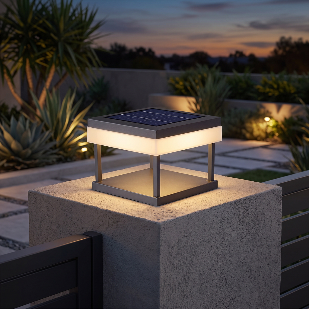 Type B solar post cap light 5.9 in on a concrete pillar at dusk
