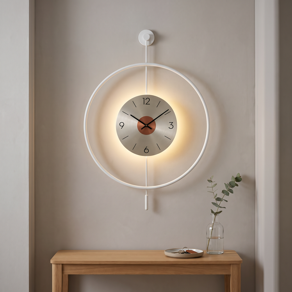 Smaller 12 inch white LED night light wall clock above a hallway console table