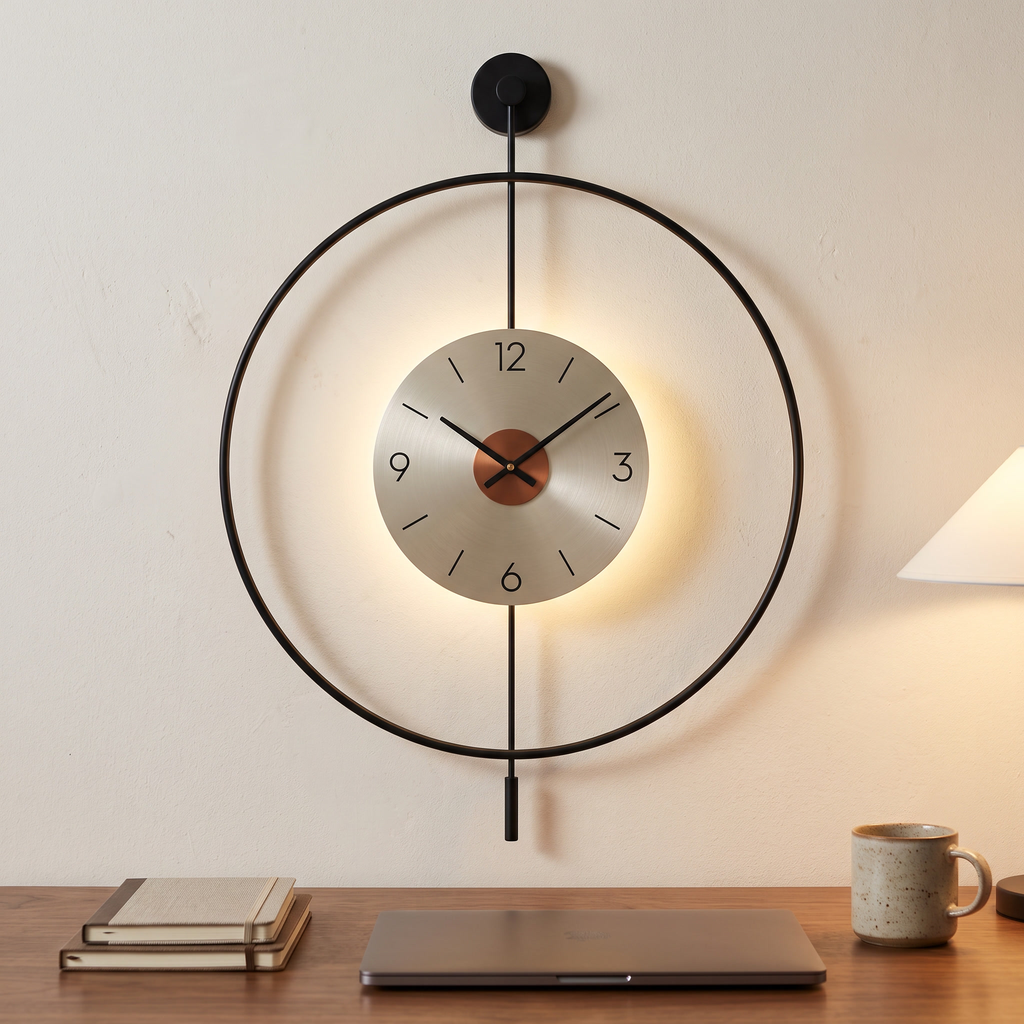Smaller 12 inch black LED night light wall clock on a home office wall above a desk