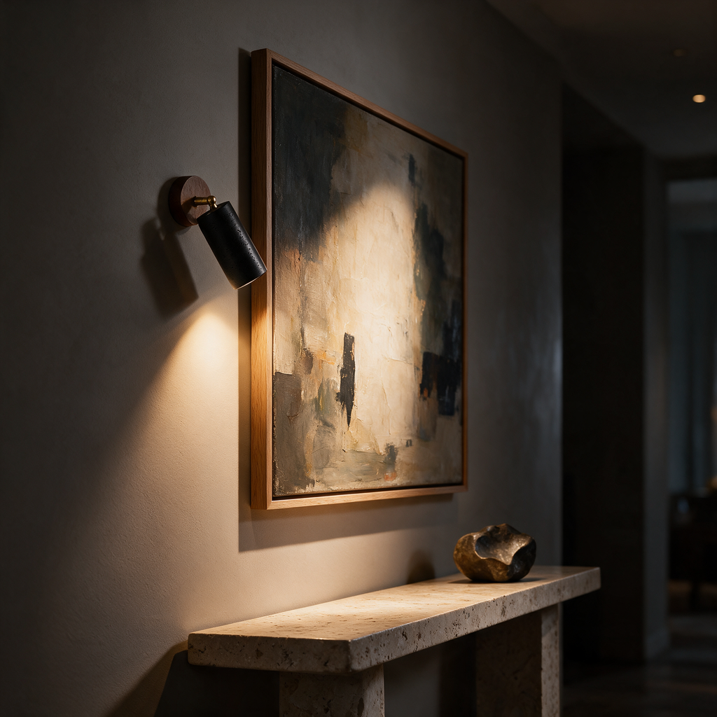 Adjustable wall spotlight angled to wash light across framed artwork in a hallway