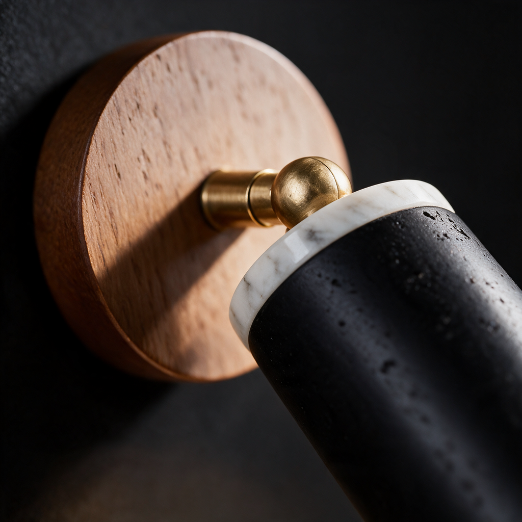 Close-up of the marble ring, wood backplate and brass pivot on the black spotlight wall light