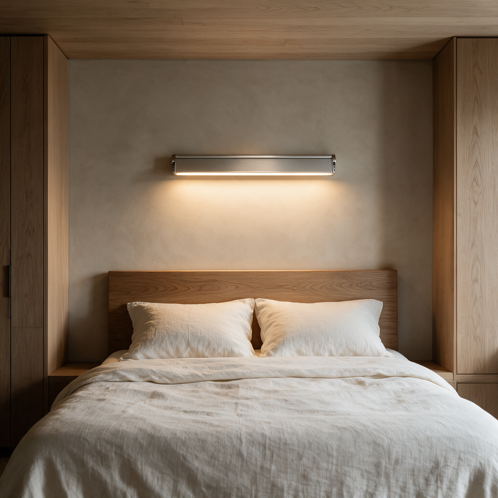 Silver vanity bar light used over a bedroom headboard as a warm wall wash light