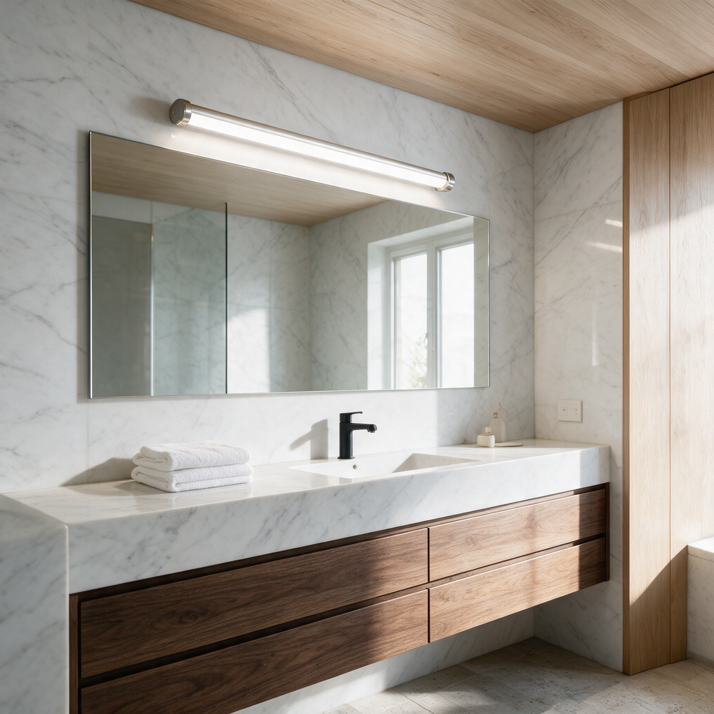 Slim silver vanity bar light in daylight white 6000K above a mirror in a marble bathroom