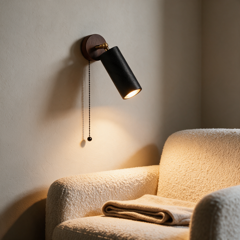 Pull chain version of the adjustable wall spotlight over a boucle reading chair