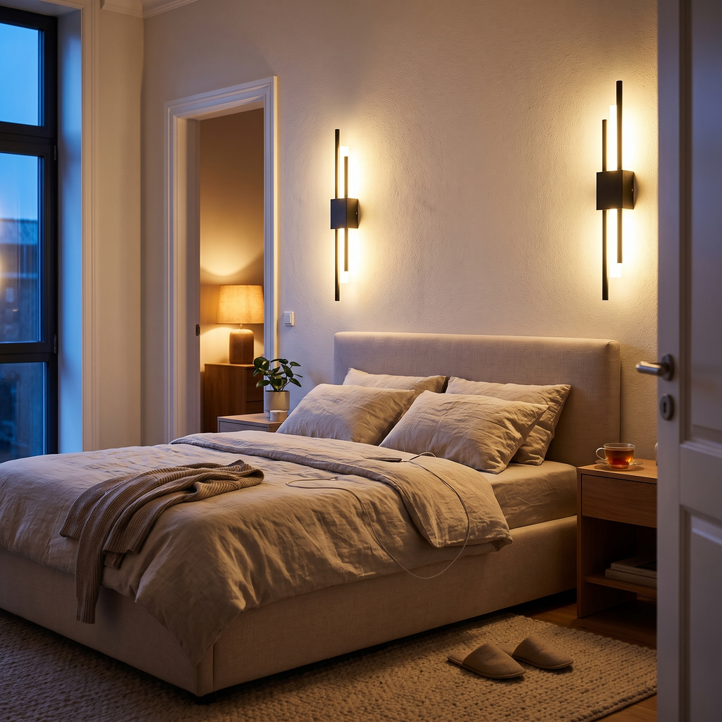 Pair of linear wall sconces beside a bed