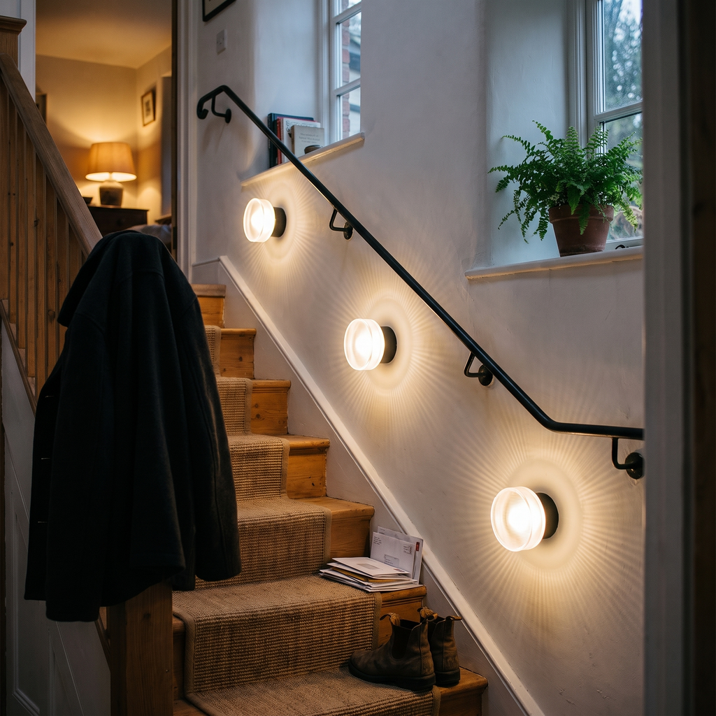 Ribbed glass dome wall lights along a stairwell