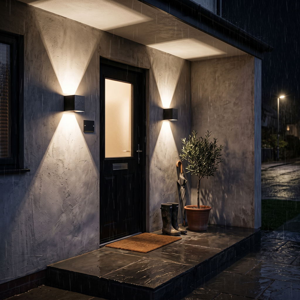 Pair of cube wall lights either side of a front door in the rain