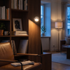 Cordless magnetic lamp lighting a bookshelf