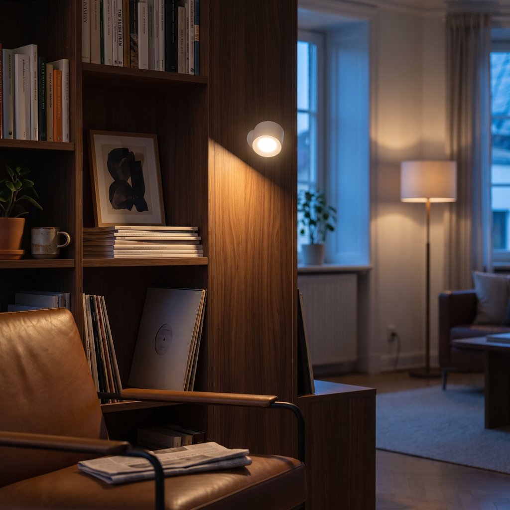 Cordless magnetic lamp lighting a bookshelf