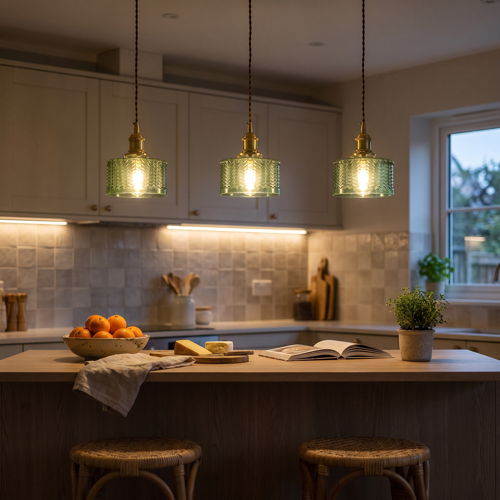 Three glass jar pendants over a kitchen peninsula