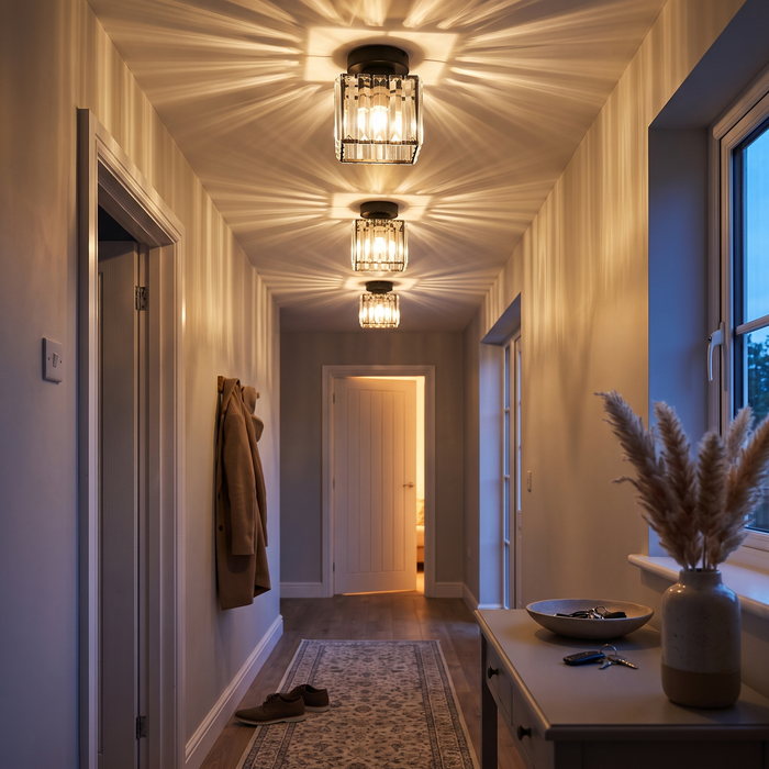 Semi Flush Mount Ceiling Light, Ribbed Glass Shade, Black or Gold