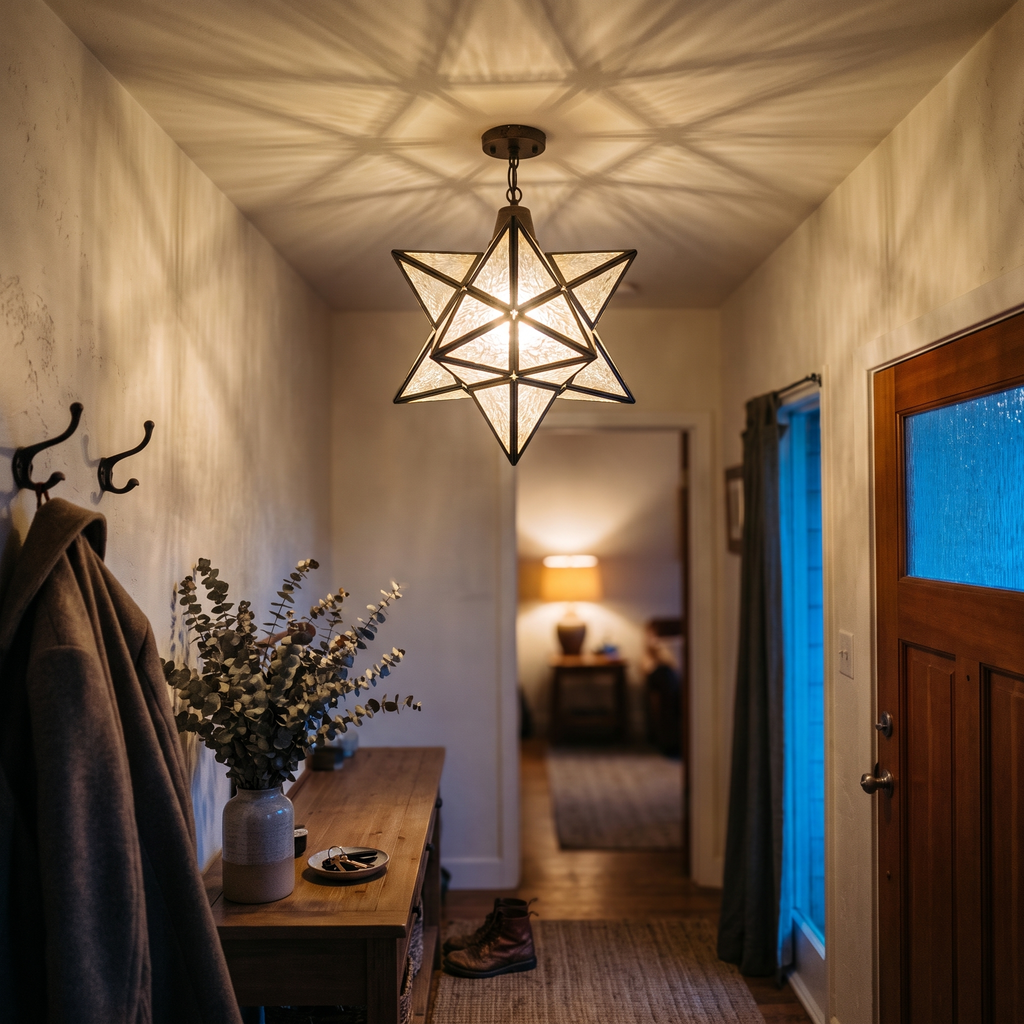 Moravian star ceiling light in an entry hall