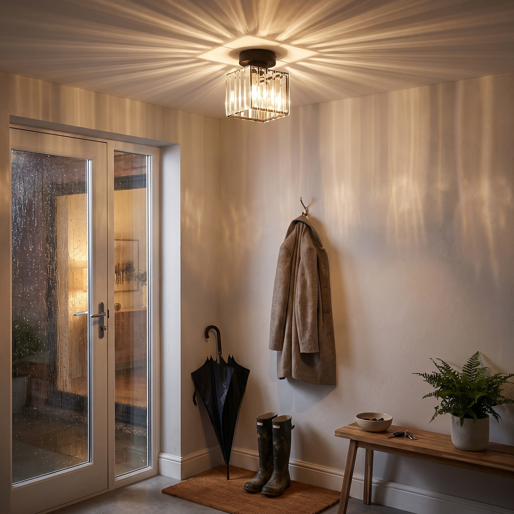 Ribbed glass semi flush ceiling light in an entry