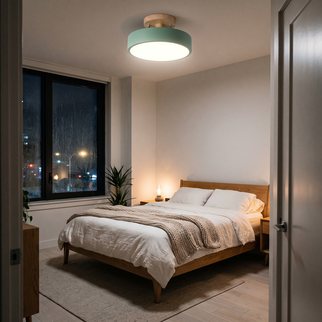Wood top semi flush ceiling light in a bedroom