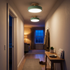 Two wood top semi flush ceiling lights in a hallway