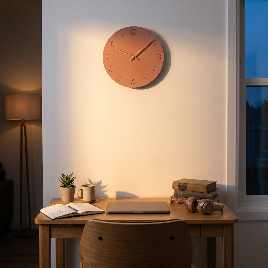 Nork minimalist wall clock above a home office desk